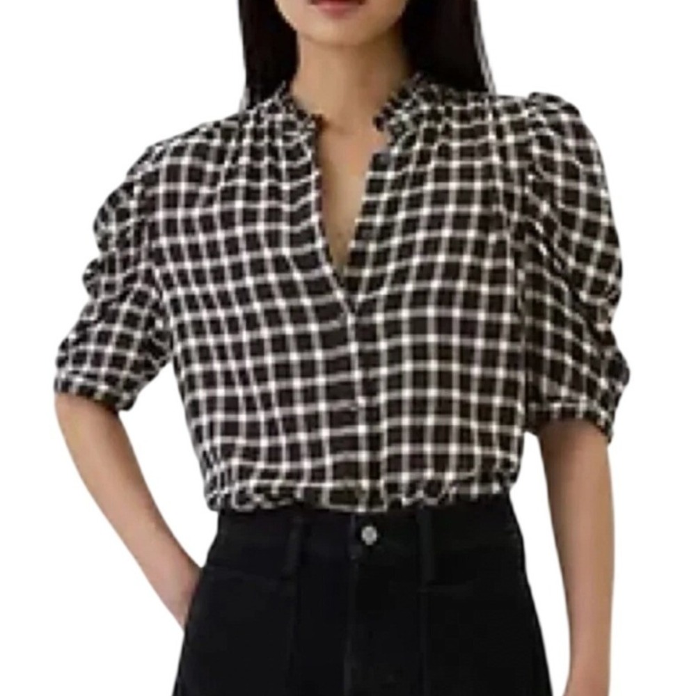 Gap Women's Puff Sleeve Ruffle Black & White Check Button-Down Blouse size 4X
